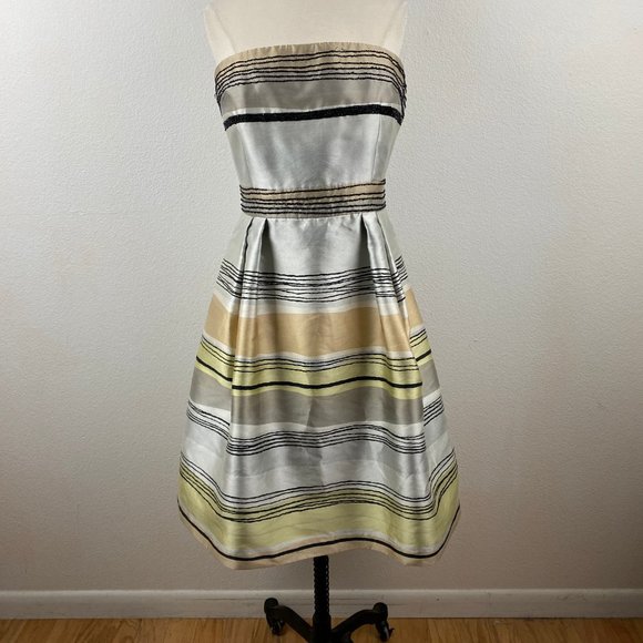 Carmen Marc Valvo Dresses & Skirts - Carmen Marc Valvo Sz 14 Gray & Tan Stripe Beaded Dress Fit & Flare Evening Party